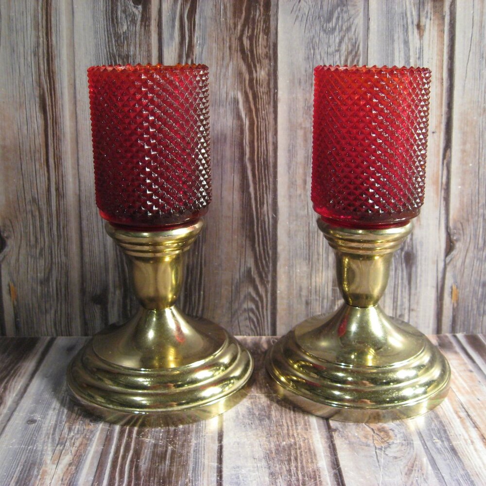 F. B. ROGERS BRASS CANDLEHOLDERS w/RUBY RED GLASS VOTIVE HOLDERS